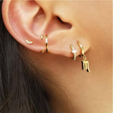 Pair Of 925 Sterling Silver Gold PVD White CZ With Baguette Gem Center Minimal Hoop Earrings